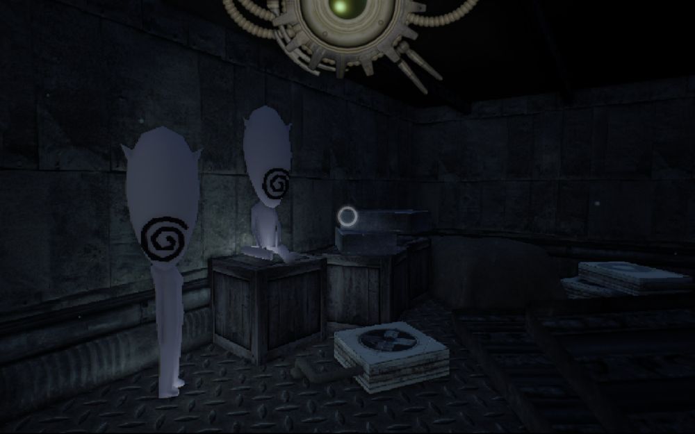 screenshot of re-body, a video game. organisms with big, long heads, and swirls for faces, inside a rusted structure