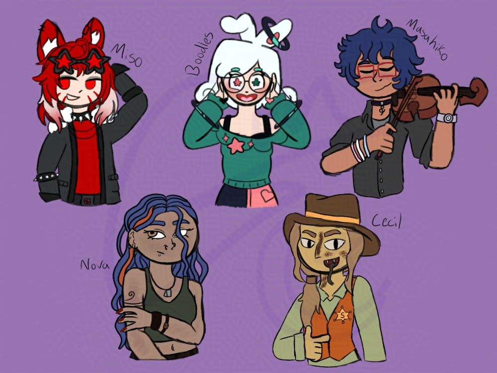 (From left to right)
Miso - TheMushroomWizard
Nova - 1no4rch3r
Boodles - BoodlesODoodles
Cecil - FancyFennel
Masahiko - lavenderphantump