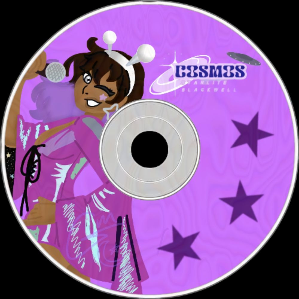 A CD design for Starlite Blackwell's 'COSMOS' album, with her holding a microphone and winking towards the camera
