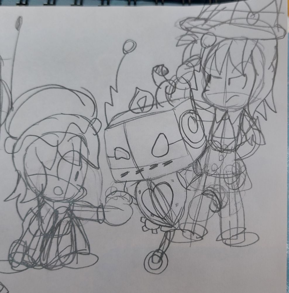 Features Maribel Hearn and Renko Usami from Touhou Project and Axis 014 from Undertale Yellow

Merry: Woah! Do you see this Renko? It's hands are completely detached from its body but the steam allows them to stay put!

Renko: It's quite a strange design. These schematics look like they'd be a lot of fun to study... though I'm not sure why so many bots have these flimsy antenna.

Axis: GET OFF OF ME YOU [filthy] HUMANS OR I WILL FORCE MY PROGRAMMING INTO NEUTRALIZING BOTH OF YOU. BELIEVE ME NONE OF US WANT THAT.