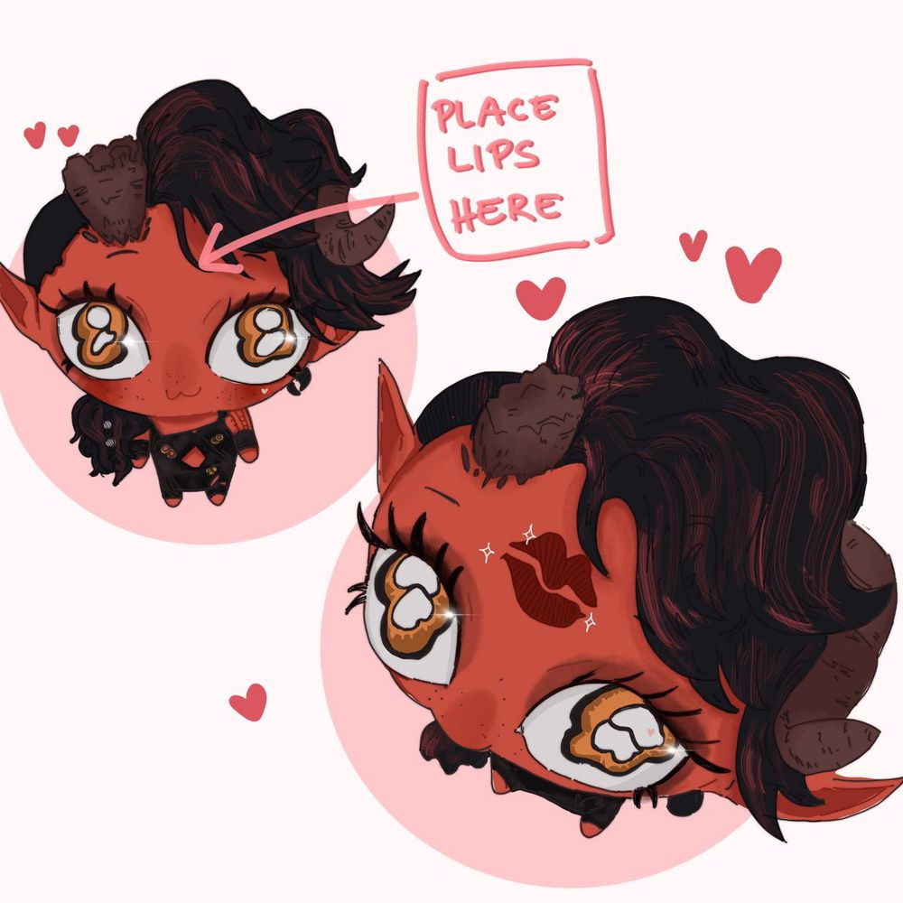 Drawing of the Baldur’s gate 3 character Karlach Chibified with the words “place lips here and a kiss mark on her forhead