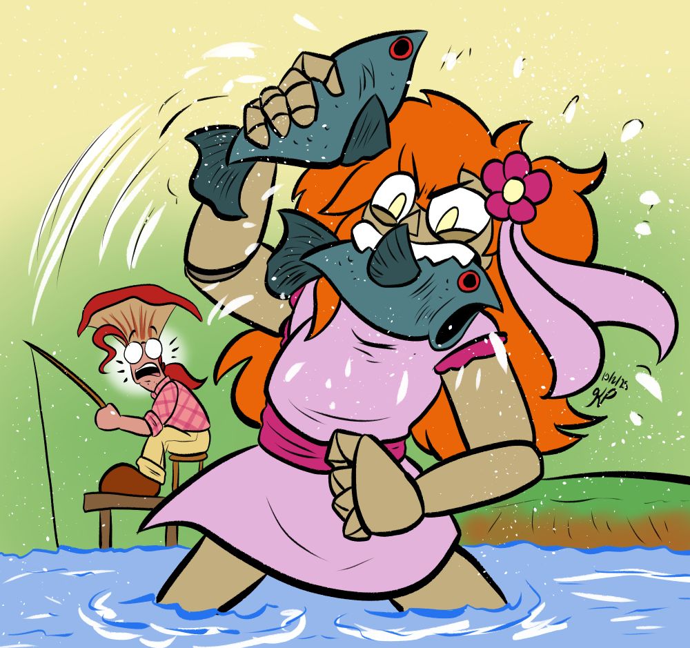 Tala has a fish in her hand and teeth while Swee looks on in horror.