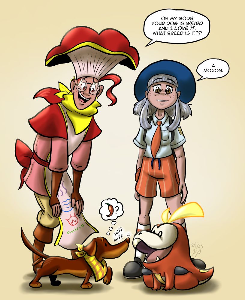 Crouton sniffs at Pillock, thinking of peppers, while Swee and Dumbass look on.
Swee: Oh my gods your god is WEIRD and I LOVE IT. What breed is ti??
Dumbass: A moron.