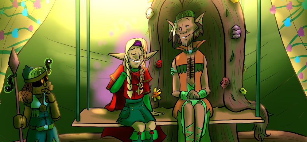 Preview image of  the latest Court of Roses page. Merlow and Gruvi sit together in a hanging bench, Elshya looking on curiously.