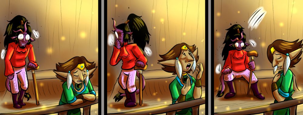 Preview image of the latest Court of Roses page. Three panels of Linlaree talking while Nocturne has a crisis, eventually sitting down.
