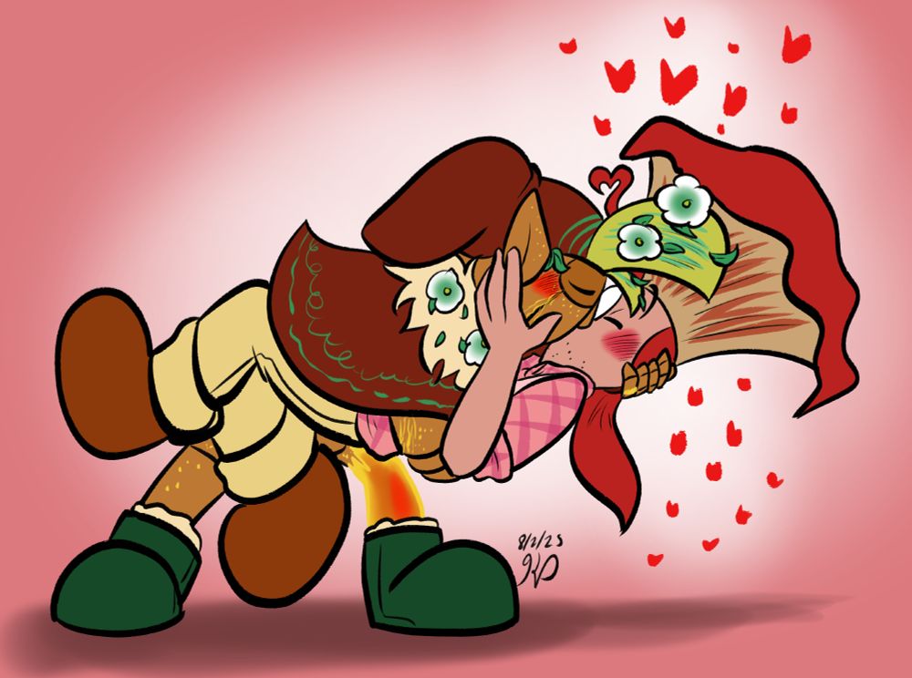 Willow dips Swee T. as they smooch, surrounded by hearts.