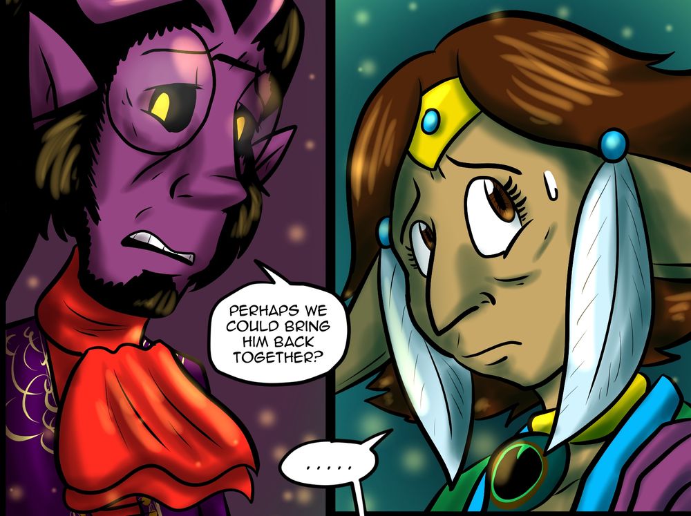 Preview image of the latest Court of Roses page. Two panels of Nocturne and Linlaree, looking at each other in deep concern. Nocturne says "Perhaps we could bring him back together?"