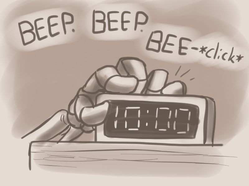 It starts to beep at 10:00, and a skeletal hand switches it off.