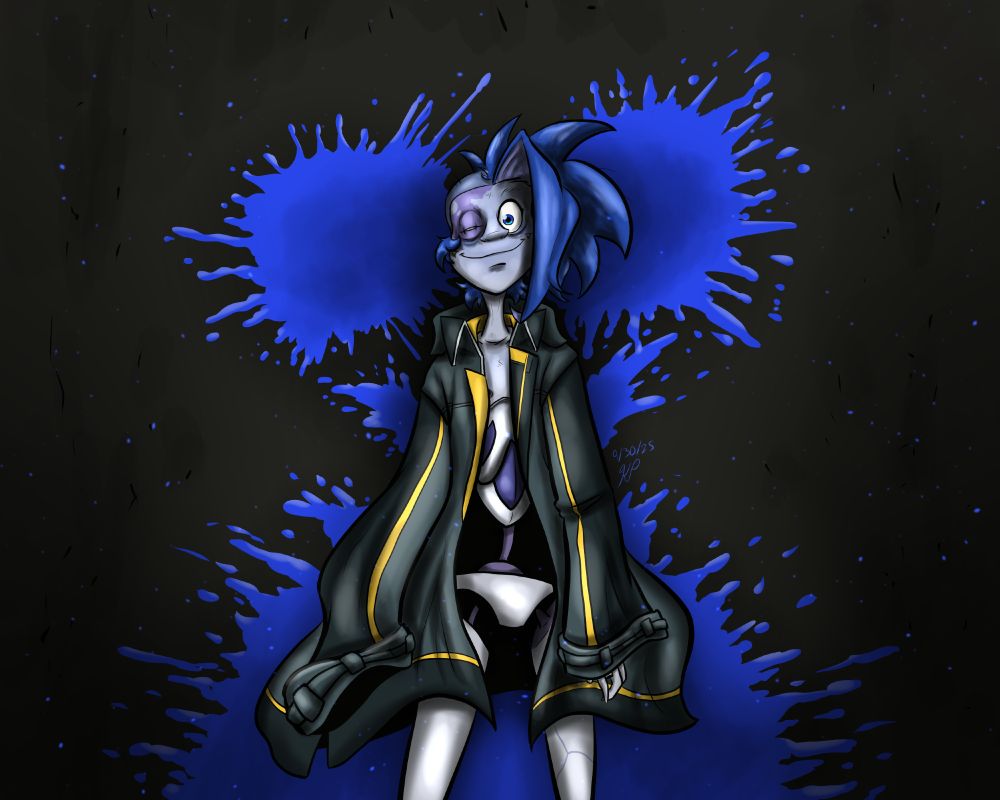 Android Guinevere is standing in Andi's coat, with splatters of blue on the wall behind her that makes the vague shape of the princess' intended design.
