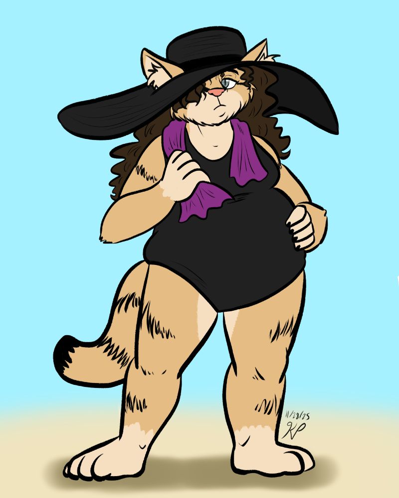 Rita, a cat anthro, wears a black one-piece swimsuit, a large goth floppy hat, and a purple towel on his shoulder.