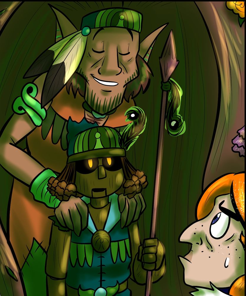 Preview image of the latest Court of Roses page. Gruvi leans over Elshya, holding their shoulders, while Feliks pouts concernedly.