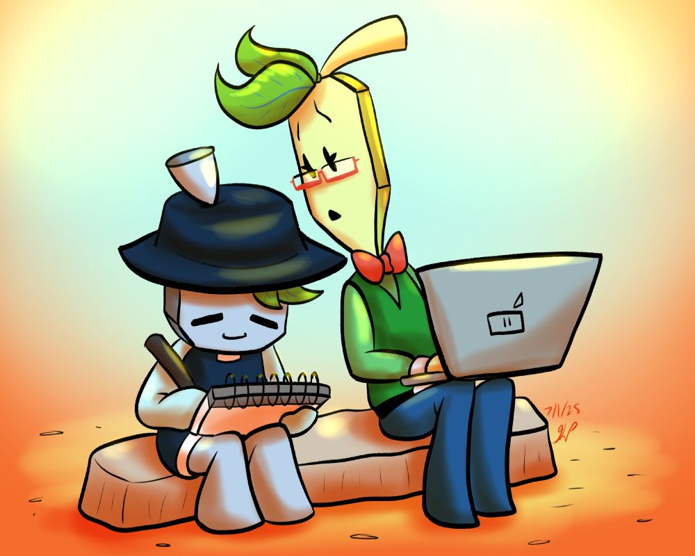 Arjee B. is working on her laptop, but is also peeking over as Mahno serenely draws in her sketchbook.