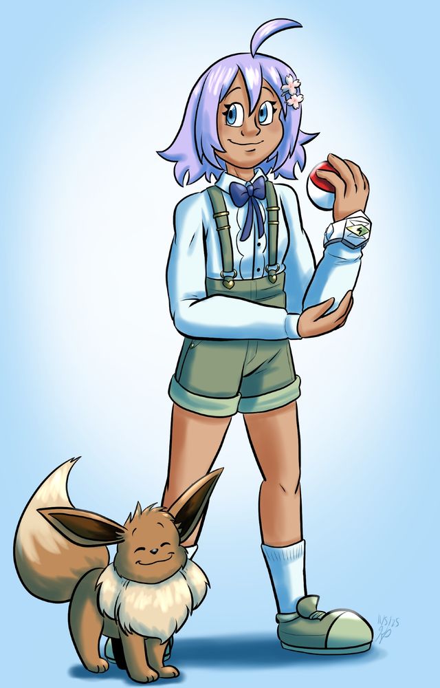 Blair, a Pokemon trainer with short lavender hair, blue eyes, flower hair clips, a white blouse, blue bow, green short overalls and green shoes, holding a pokeball. Her Eevee is happily standing next to her.