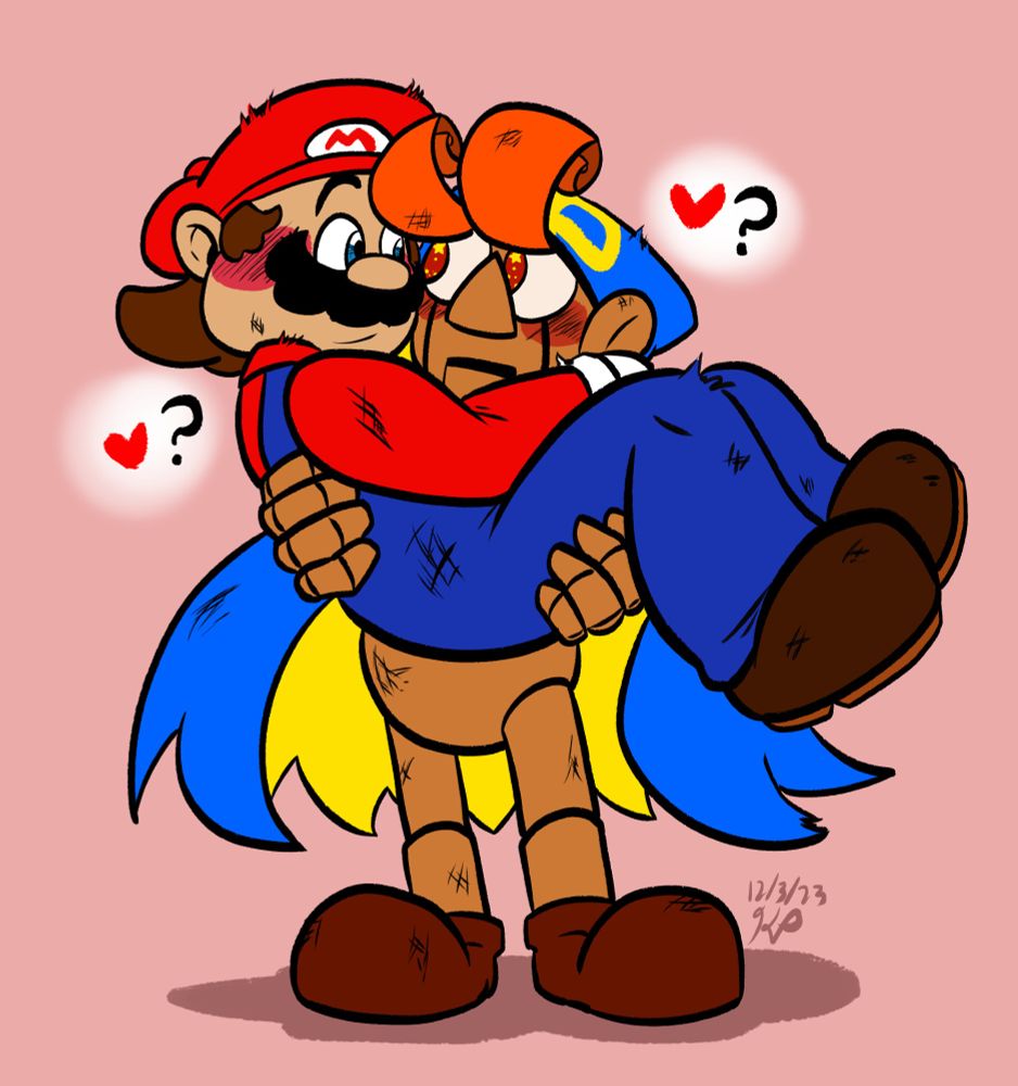Geno holds Mario in his arms, they both look at each other with hearts and question marks.