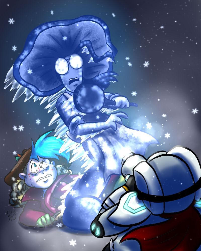 Raider shoots her freeze ray, and Swee is frozen solid while Sprinkle looks on in horror.