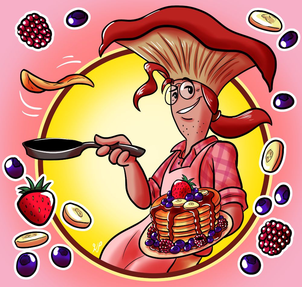 Swee T., a toad chef based on candy cap mushrooms, grins while flipping a pancake with a frying pan in one hand, and holding a plate with a stack of pancakes in the other. The pancakes are covered in glistening syrup, berries, and banana slices. Soft yellow and pink background, with more shiny berries and banana slices floating around him.