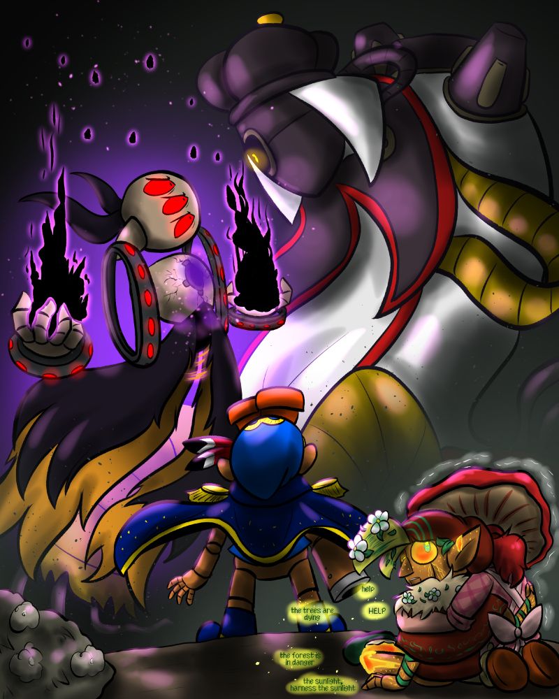 Geno looks on as Final Form Donovan takes on Lord Botnet, charging up a dangerous amount of dark energy. Swee holds Willow close and trembles, while Willow hears voices in green and gold, begging for help, the trees are dying, use the sunlight, Willow...