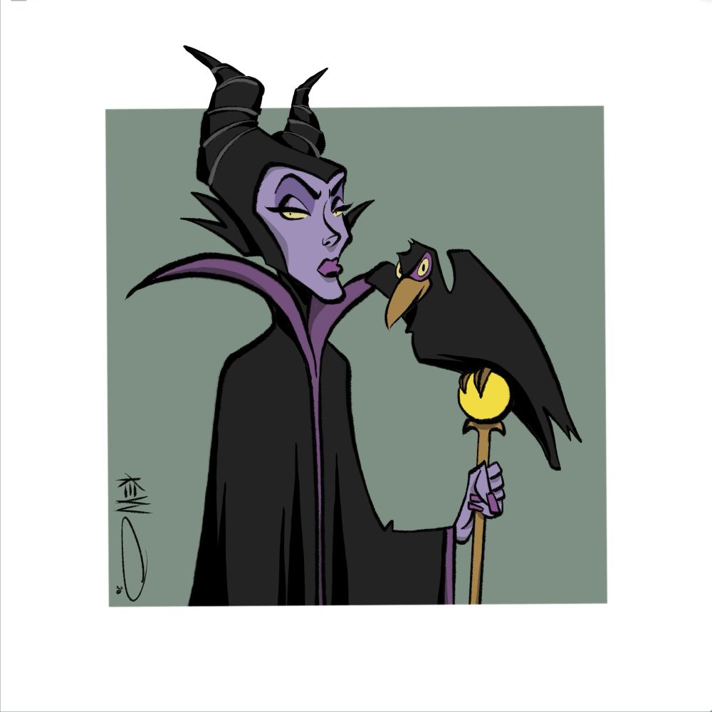 Maleficent frowns while Diablo the raven rests on her staff.