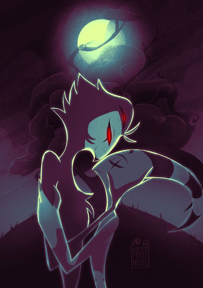 Illustration of Stolas and Blitzø from Helluva Boss as The Lovers from the Major Arcana. Stolas is gently holding onto Blitzø by the back of his head as he touches his face to the imp's. Stolas's eyes are relaxed and slightly open as he's smiling. Blitzø, in turn, is holding onto Stolas's arm and has his eyes closed, a calm, contemplative expression on his face. They're depicted in a dark purple shade with a bright teal and green backlight. The background consists of the tree on the Hill from their childhood episode and a full moon shining behind it.