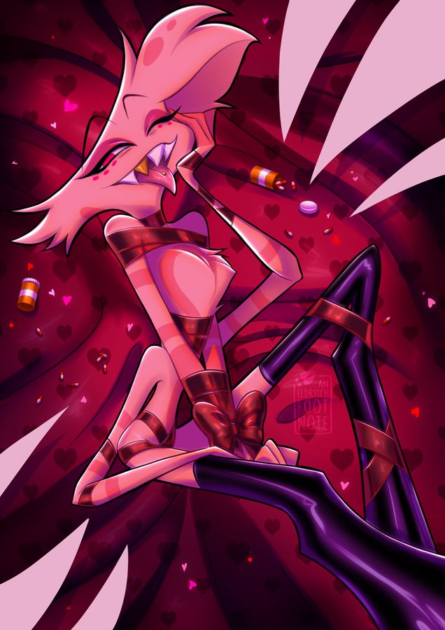 Red toned, Valentine’s Day themed illustration of Angel Dust (Hazbin Hotel) in the style of the 2025 Valentine’s posters for Helluva Boss. He is wrapped in red ribbons with his top two arms being tied together between his legs with a bow. He is wearing black, thigh high boots with a purple hue. Of the lower set of arms, the right one is draped over his leg while the other reaches up, cupping his face. He’s donning a bright smile with his pierced tongue lolling out and he’s wearing pink eyeshadow. The background is red cloth with a heart pattern. There are two pill bottles between some scattered red and white pills. Six pale, claw-like protrusions enter the frame from the bottom left and top right corner.