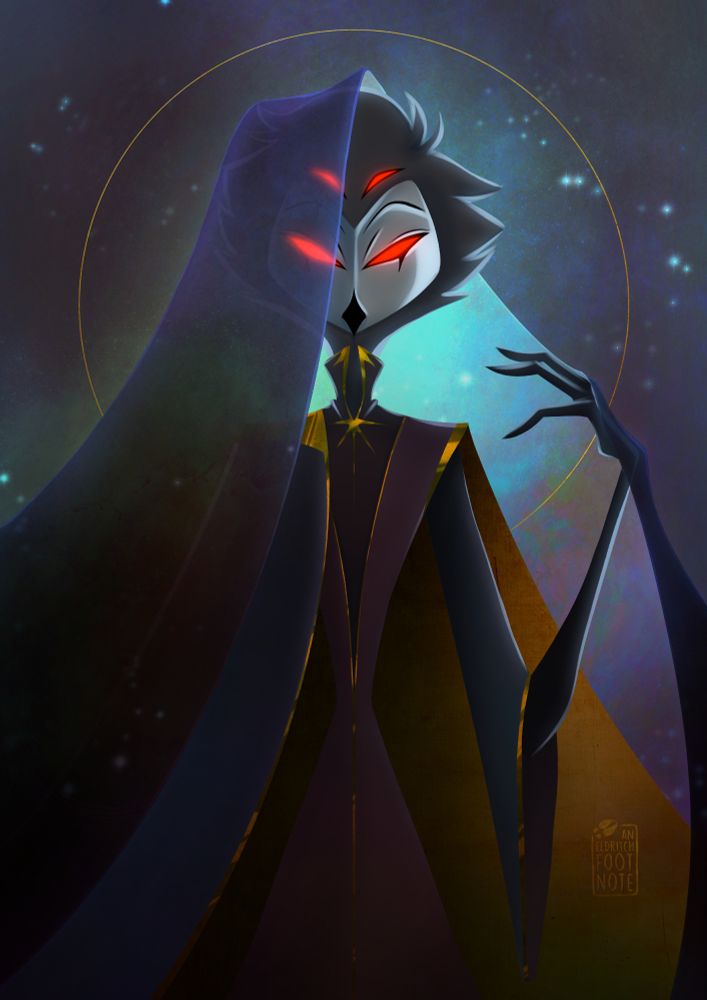 Illustration of Stolas from Helluva Boss. He is facing the viewer against a soft starry sky with a golden halo around him. He is wearing gold trimmed clothes in dark blues and warm purples. A veil is loosely draped over his head, covering the right side of his face. The veil features a more saturated and brighter version of the same night sky on the inside. His left hand gently holds the veil open. His eyes are glowing red and his expression is neutral.