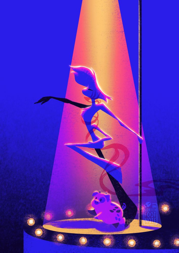 Vibrant illustration of Angel Dust (Hazbin Hotel) as The Fool from the Major Arcana. He is depicted against a bright blue/purple background in a yellow and pink spotlight on a stage. He is holding onto a pole while leaning forward with his eyes closed, left leg pulled up and right arm outstretched, as if to make a leap forward. Fat Nuggets is at his feet, jumping up. Valentino's smoke curls in from behind Angel and up his body, where it caresses his face.
