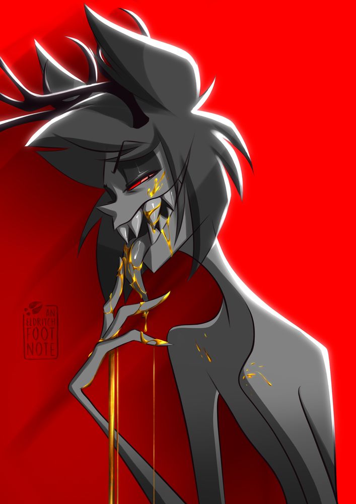 Illustration of Alastor from Hazbin Hotel. He is portrayed in grey tones against a bright red background. He is looking at the viewer from the corner of his eye as he is licking a golden substance off his fingers with a wide, wicked grin. Some of the gold has splattered onto his face and shoulders and there is some streaming down from his hand in stylised lines