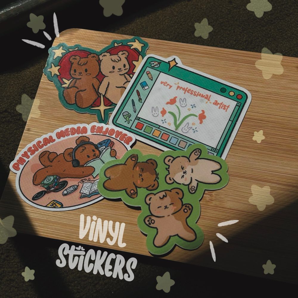 vinyl die-cut stickers - three little bears, physical media enjoyer bear, ms paint very professional artist, twin bears in a heart