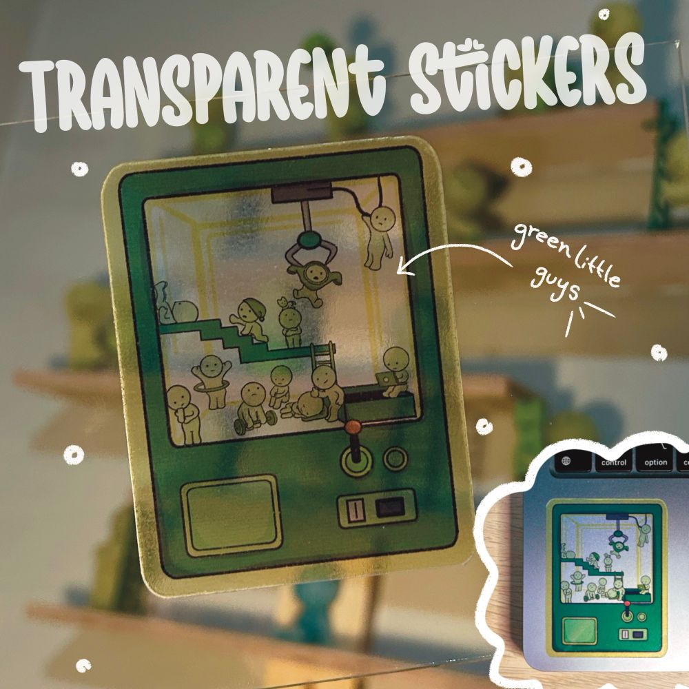 transparent sticker of smiskis trapped in a claw machine