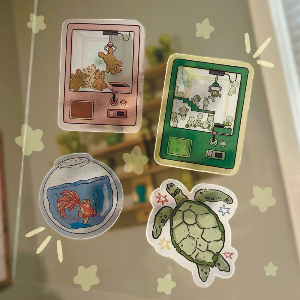 transparent stickers- smiskis trapped in a claw machine, teddy bears trapped in a claw machine, see through fishbowl, little turtle guy