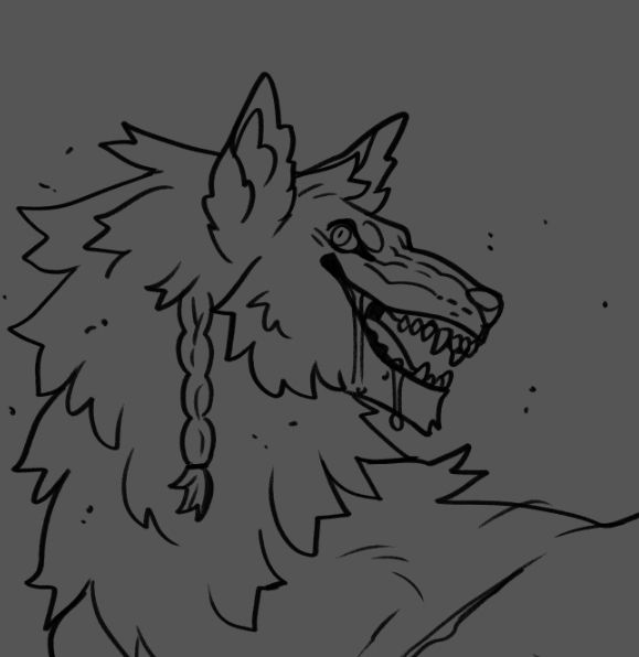 a digital drawing of a deranged-looking wolf with fleas. saliva drips from his mouth. he has a braid in his fur