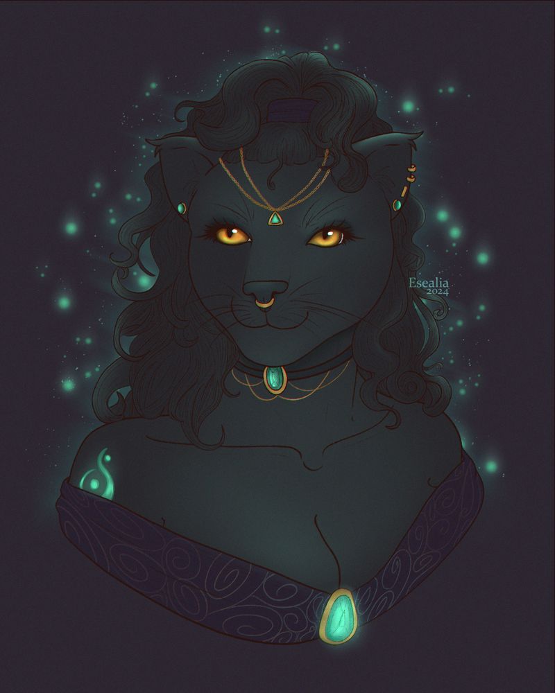 A tabaxi with bright golden eyes and lots of gold jewellery. She is surrounded by teal fireflies.