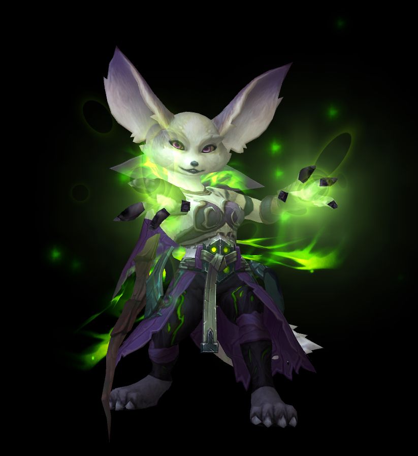 A screenshot of a white furred Vulpera casting a spell.
