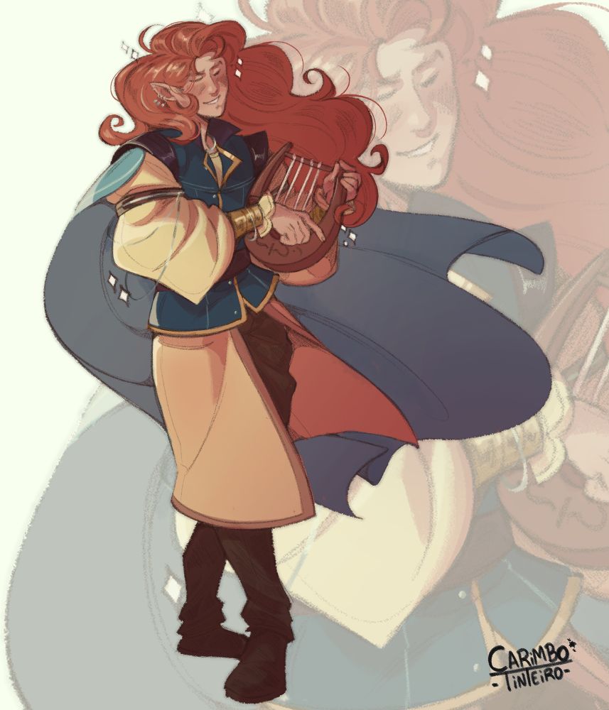 Thewarin Aurelien is a tall half elf, with light and warm toned skin and a full head of puffy wavy hair in strawberry-blonde color. He has pointy ears and three piercings with dangly gems. He's playing a song on his lyre, with confidence and charm, sparkles float around him. He is wearing a blue vest with purple collar and gold details, under the vest he has a cream undershirt with very puffy sleeves. Over the vest he has a thick leather corset-like belt and over the sleeves he has two leather arm-straps with silver metal decorations hanging around. Around his waist, he has a hip cape that goes to the length of a little under his knees. His pants and shoes are a similar dark brown color, disappearing into each other. He is waring a light blue cape that flows beautifully as he plays.
