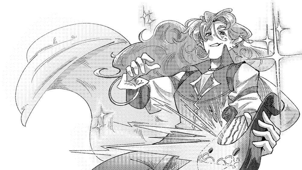 Black and white picture of Thewarin, a half-elf with very fluffy wavy hair, made with half-tones. He smiles confidently while playing his lyre in a dynamic pose, sparkles surrounding him everywhere. The lyre shines and the cords distort, as if the image was captured during a playing session. He has a very flowy light cape and is waring a vest with a puffy-sleeved undershirt, accessorizing with leather straps on the sleeves and metal pieces dangling around