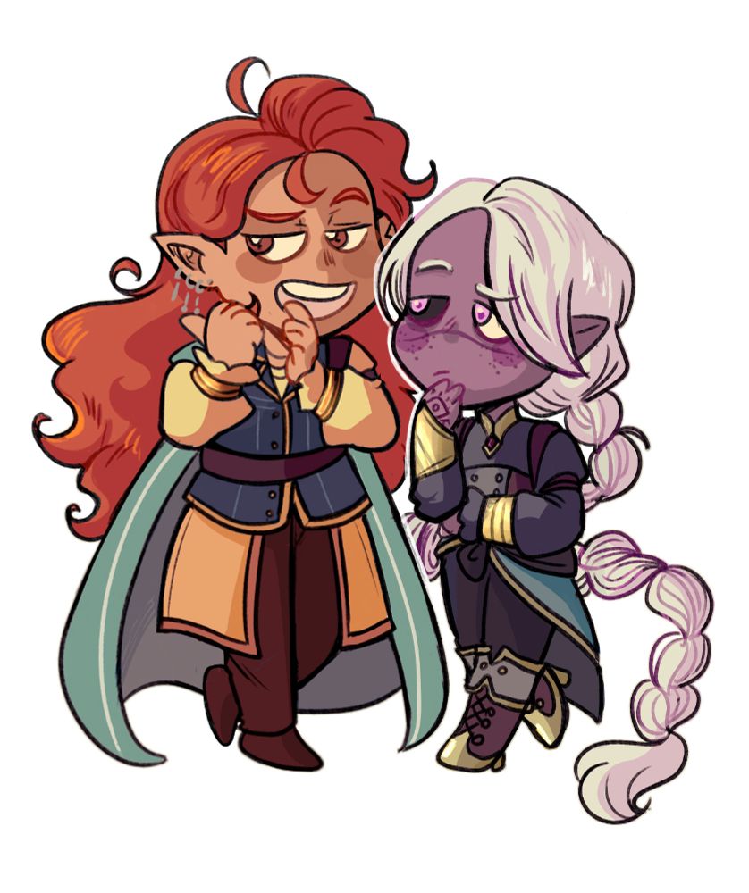 Thewarin, a half-elf with warm light skin and big puffy hair, is saying something to Myosotis, a drow with purple skin and long white braided hair. Thewarin is wearing a blue vest with golden details and a cream undershirt, with a cream hip cape and dark brown pants and shoes, with also a big green cape on his back. he's smiling mischievously while pointing towards something off-screen. Myosotis has freckles and a scar across his face, he has purple eyes with the right one having completely black sclera. He's wearing a dark purple and blue asymmetrical outfit with gold details. He looks at Thewarin with some doubt, the right hand resting on his chin and showing a weird eye tattoo on the back of his right hand.