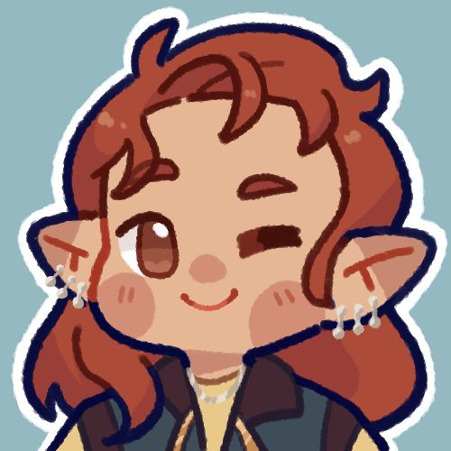 A chibi drawing of Thewarin, a half-elf with reddish or strawberry-blonde hair, slightly-wavy. He was pointy ears, with three piercings in each. He has light warm skin and brown eyes. He winks with his left eye and smiles gently, he has sweet blushing on his cheeks. Only his head is seen and he is wearing a blue vest, with purple and gold details and a cream undershirt. He also wears a silver necklace.