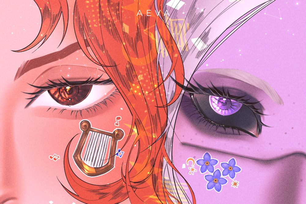 A close-up of an elf, Thewarin, with light skin and strawberry-blonde hair, and a drow, Myosotis, with purple skin and silver hair, pressing their faces together. Thewarin has shinning bright brown eyes and a lyre sticker on his left cheek, Myosoris has a dark sclera and purple eyes, freckles, a scar from the corner of his eye to the top of his nose and blue flower stickers on his right cheek. Nothing else in their faces is visible and the image is saturated and decorated with beautiful stars, moons and sparkles, giving it a bit of an old magazine ad vibe