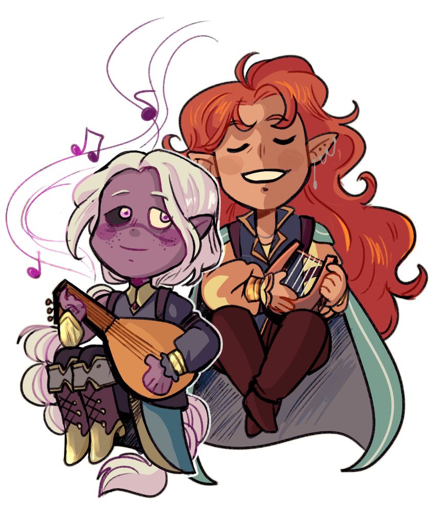 A chibi image of Myosotis and Thewarin playing. Myosoris is a drow, with purple skin, purple eyes, the right sclera being completely black, freckles and a scar across his face. His braided hair is white and very long, surpassing the length of his body and he is sitting down, playing a medieval lute while smiling softly and looking at Thewarin. He's wearing a dark blue and purple asymmetrical outfit, with gold embelishments and a red gemstone on his chest. He has an eye tattoo on his right hand.

Thewarin is a half-elf with warm light skin and big, puffy, reddish hair. He is plaring his lyre sitting down, without a care in the world, with closed eyes. He's wearing a blue, cream and brown outfit with gold and silver embelishments, and a light green cape. 