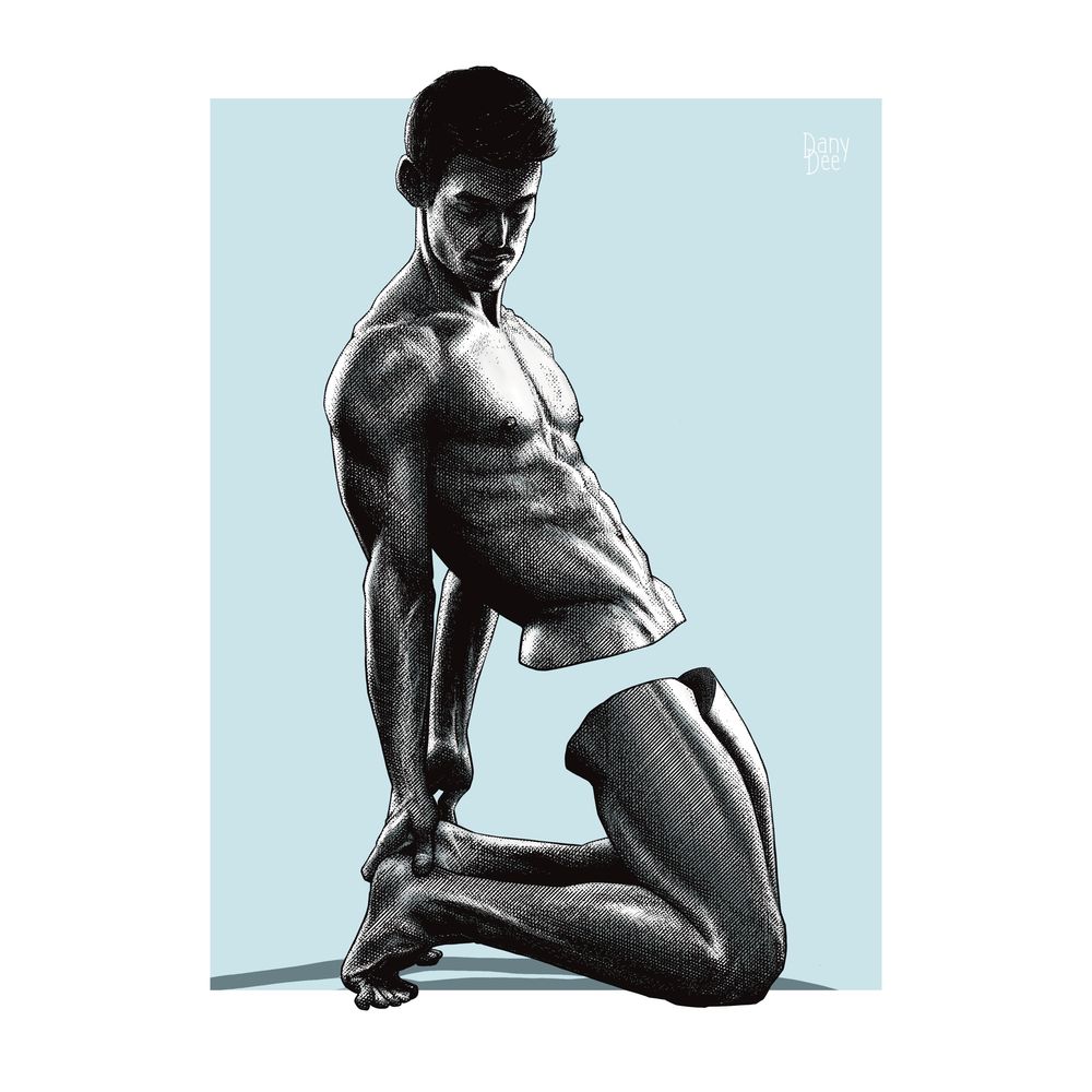 The monochromatic graphic portrait of a young fit guy standing on his knees leaning on his arms and showing muscled torso. Drawn by Dany Dee