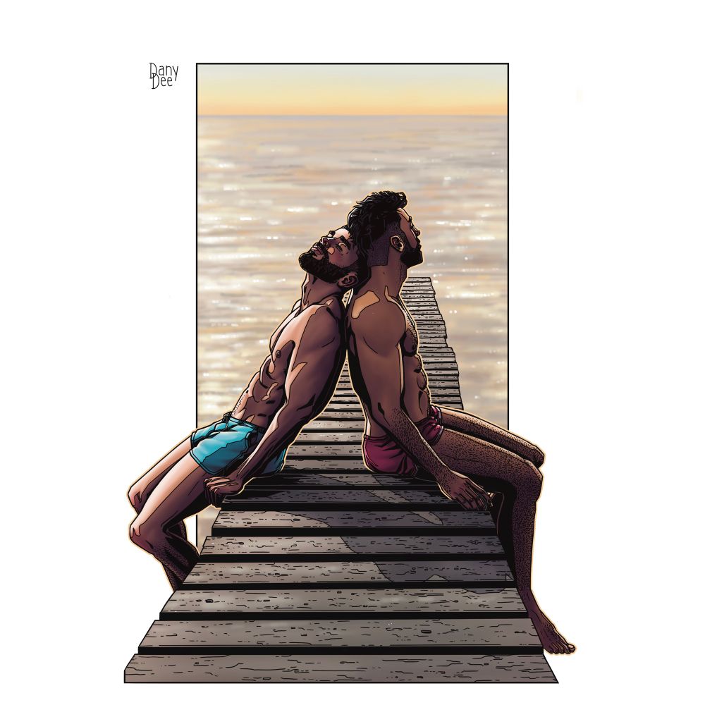The double portrait of two handsome bearded young men sitting on the pierce back to back and enjoying the evening sun over the sea. Drawn by Dany Dee