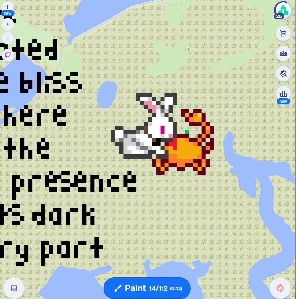 Screenshot of wplace, showing a white rabbit eating a crab. Both are drawn using Stardew Valley sprites as reference.