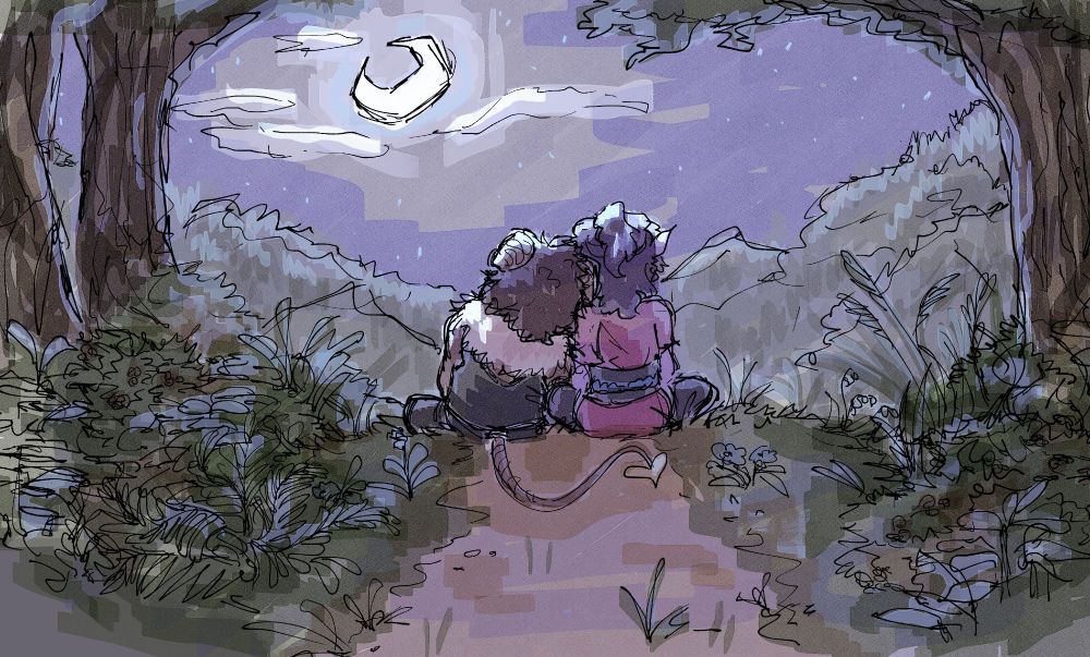 Digital sketch of Appel and Anari from TOHD (a D&D campaign). Appel, a tiefling, rests his head on Anari's shoulder, a smoke genasi, in the moonlight. The two of them have their backs to the viewer in a forest clearing overlooking the mountains and valleys beyond them. 