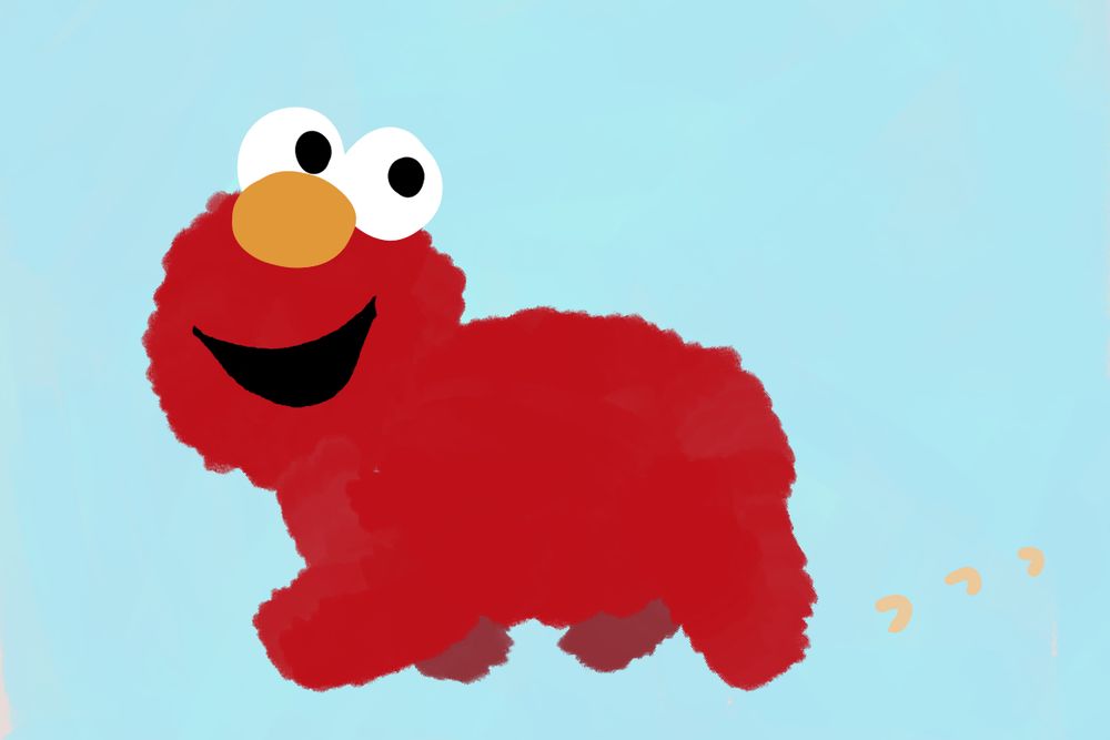 A digital drawing of PillowPet Elmo trotting along with a smile.