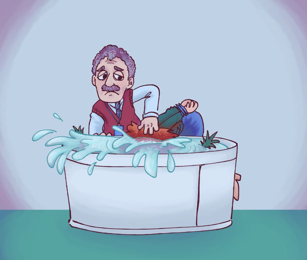 Stop-motion puppet mournfully Irving B. drowns puppet Helena in the pineapple bobbing tub.