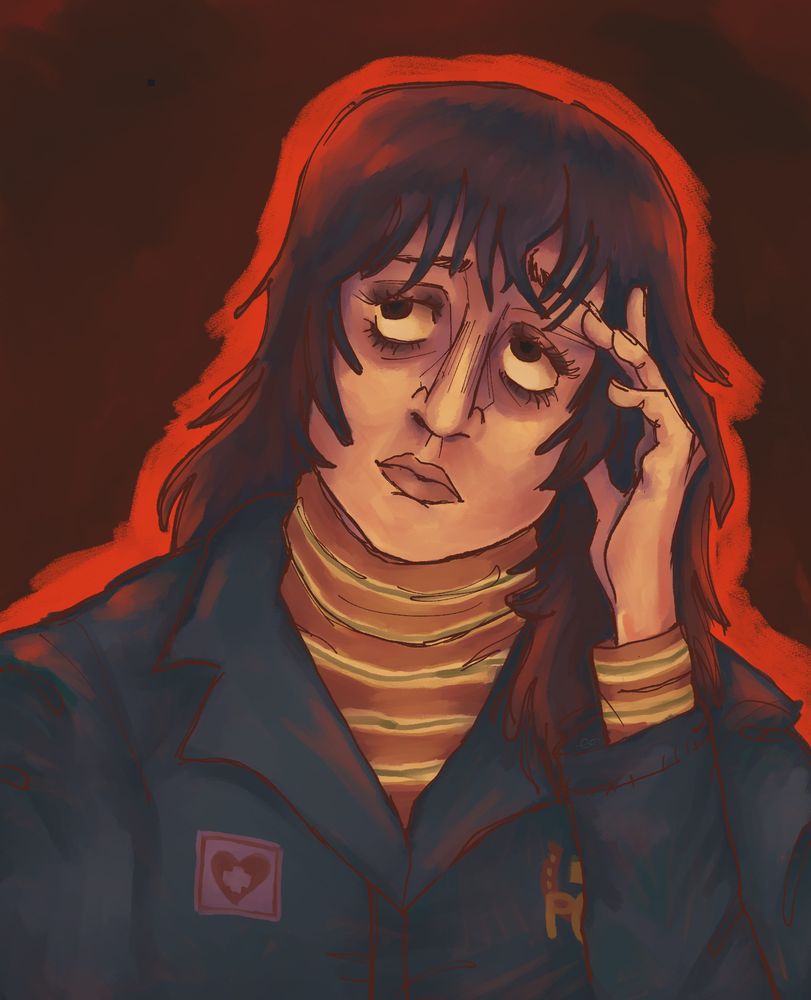 A digital portrait of Anya from Mouthwashing with a harsh red outline. She looks up to the corner despondently. 