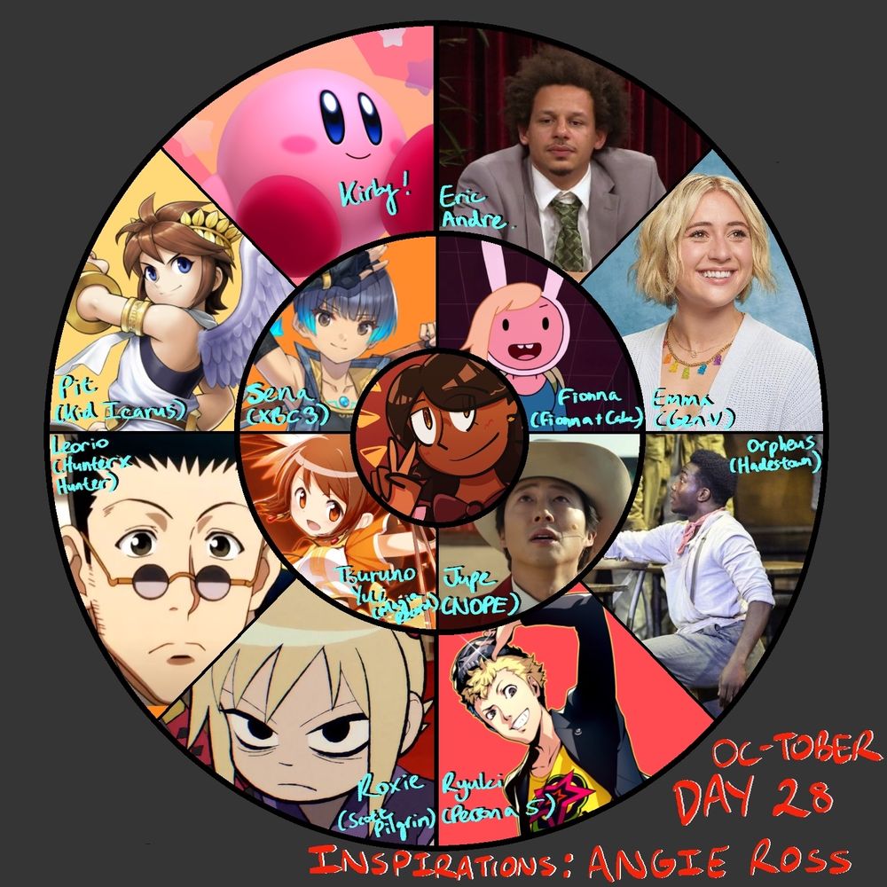 Angie Ross (she/her) is upbeat, kind, and loves cracking a joke. If anything, she's a bit naive, but she smiles through it all. I also have been subjecting her to the horrors lately, like multiple time loops centered around repeated heartbreak or her TV host job that she feels... Ambivalent towards! She has a bad time admitting when things are going badly for her, thinking people have it worse, which is a wild mindset for someone trapped in a time loop. But at the same time, who would be there to even understand...? Oh well, all she can do is smile!

Inner circle:
Fionna (Adventure Time)
Jupe (Nope)
Tsuruno Yui (Magia Record)
Sena (XBC3)

Outer circle:
Eric Andre...
Emma (Gen V)
Orpheus (Hadestown)
Ryuji Sakamoto (Persona 5)
Roxie (Scott Pilgrim)
Leorio (Hunter x Hunter)
Pit (Kid Icarus)
Kirby!

General vibes are kind hearted and silly for the most part of course, but with a sadder core centered around loneliness. Like, silly guy being subjected to the horrors. Hi Kirby. Also bonus points if a character is trapped in a time loop of some kind (shoutout Sena, Tsuruno technically?, and Orpheus). Also Jupe is easily the most fucked up addition. Something about being thrust in the spotlight against your will and letting it consume you because falsely thinking you're special when ultimately you're just fodder for the entertainment machine. Anyways!