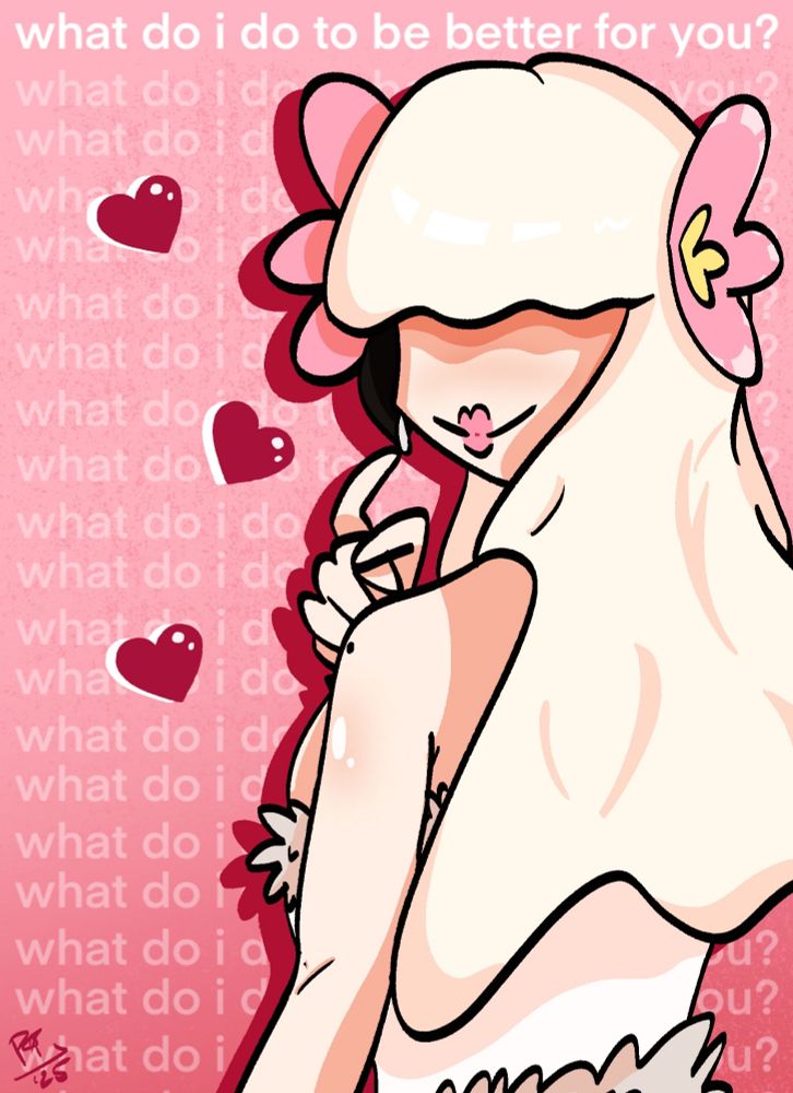 My OC Naomi facing the camera but with her back turned with the phrase "what can i do to better for you?" from The Last Dinner Party's "Second Best" repeated over and over in the background.