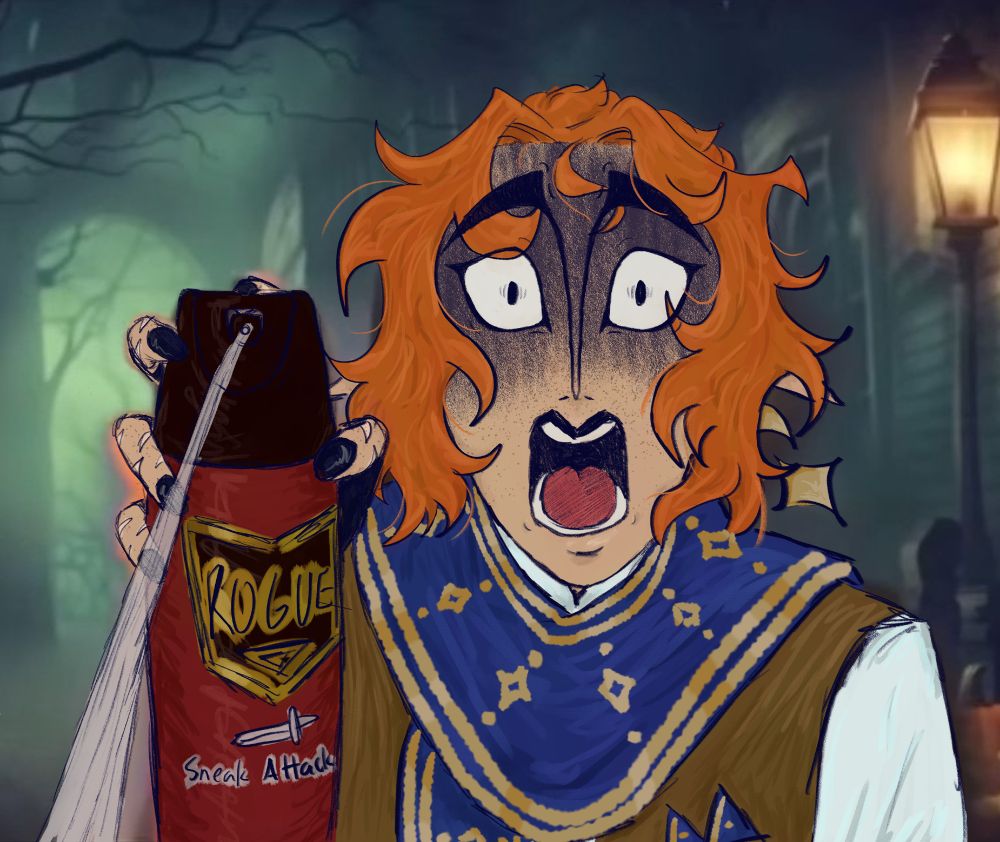 Margo Robbi, my pf2e mastermind rogue, in the redraw of someone cosplaying as Victor Van Dort from the Corpse Bride spraying a canister of Raid Ant and Roach killer at the camera
