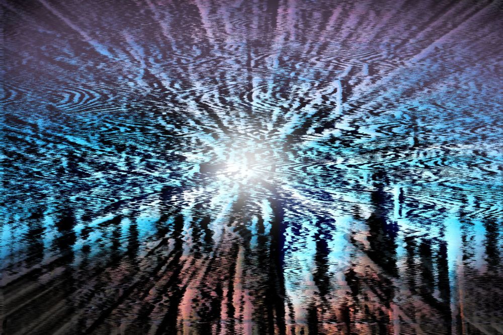 An abstract photo of purple blue and orange with black ripples and a bright white central light source.